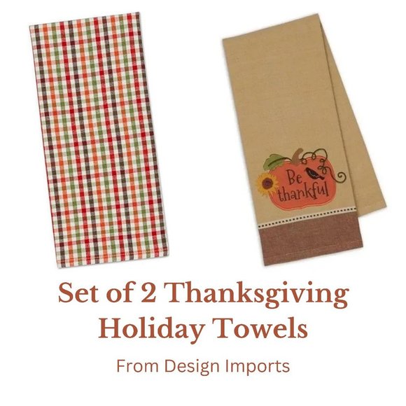 Set of 2 Thanksgiving Holiday Kitchen Towels Linens Embroidered Cotton NWT - Picture 1 of 3